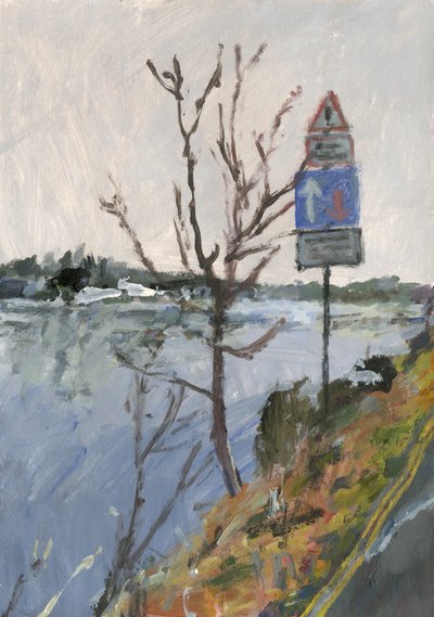 Rivière Thames avec arbre et panneaux routiers, 2023 - Simon Neville