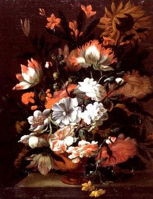 Tulipes, œillets, tournesols et autres fleurs dans une urne sur un rebord de pierre - Simon Peeterz (follower of) Verelst