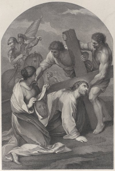 Christ tombé sous le poids de la croix, avec deux hommes aidant - Simon Vallee