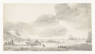 Vue de plage avec pêcheurs de coquillages et promeneurs - Simon de Vlieger (possibly)