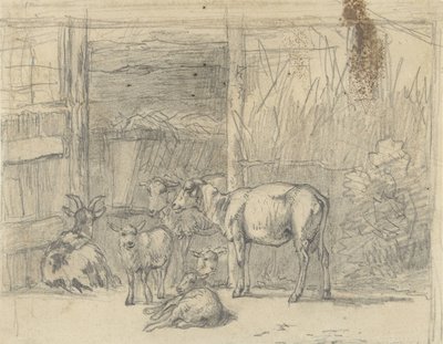 Moutons et une chèvre devant une étable - Simon van den Berg