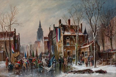 Un défilé de carnaval sur un canal gelé, vers 1840-60 (huile sur toile) - Simon van der Ley
