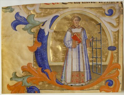 Enluminure de manuscrit avec Saint Laurent dans une initiale C, d