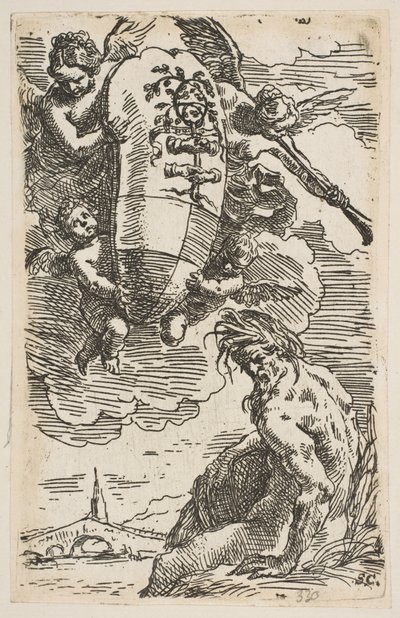 Allégorie de la Rivière Foglia avec les armoiries de la ville de Pesaro, frontispice pour - Simone Cantarini