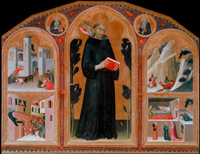 Le moine italien Agostino Novello dit le Panormitano et la représentation de quatre de ses miracles. De gauche à droite et de haut en bas : l