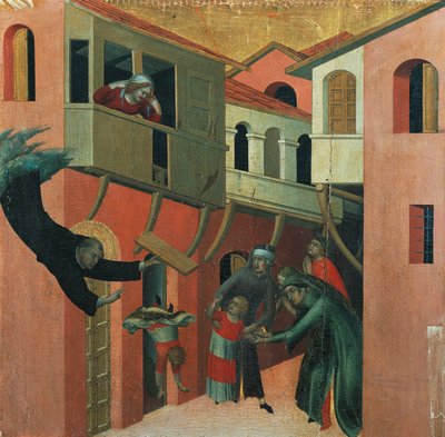 Le miracle du bébé tombé du balcon (détail) du retable intitulé Bienheureux Agostino Novello et histoires de sa vie, vers 1330, par Simone Martini - Simone Martini