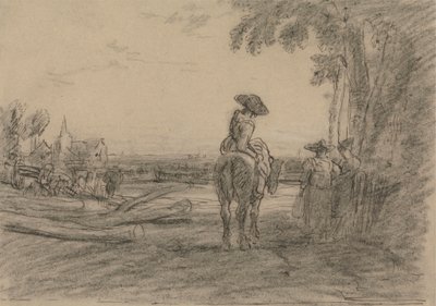 Femme à cheval avec deux femmes debout surplombant un paysage - Sir Augustus Wall Callcott