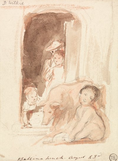 Enfants avec un cochon à une porte à Ballynahinch, Irlande - Sir David Wilkie