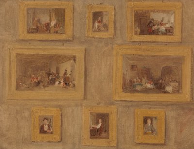 Le seul enfant ; La guimbarde ; Le doigt coupé ; Colin-maillard ; Le jour du loyer ; Le joueur de cornemuse écossais ; Le prie-Dieu ; et Autoportrait : Une esquisse des huit peintures encadrées et accrochées au mur - Sir David Wilkie