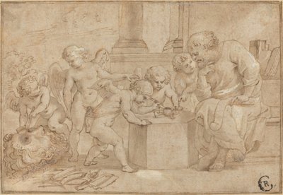 Vieil homme regardant des putti disséquer un œil - Sir Peter Paul Rubens