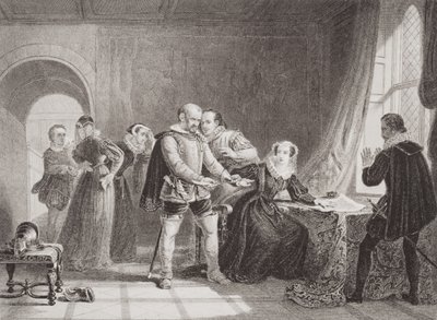 Marie Stuart (1542-87) contrainte de signer son abdication au château de Lochleven en 1567, tiré de 
