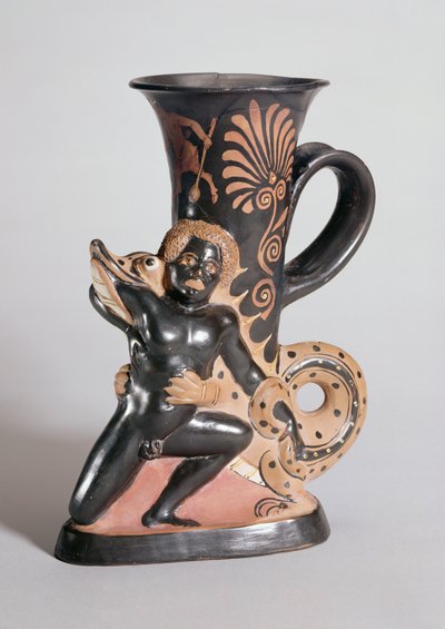 Rhyton en forme de corne à figures rouges représentant un crocodile attaquant un Nubien, grec, c.350 av. J.-C. - Sotades
