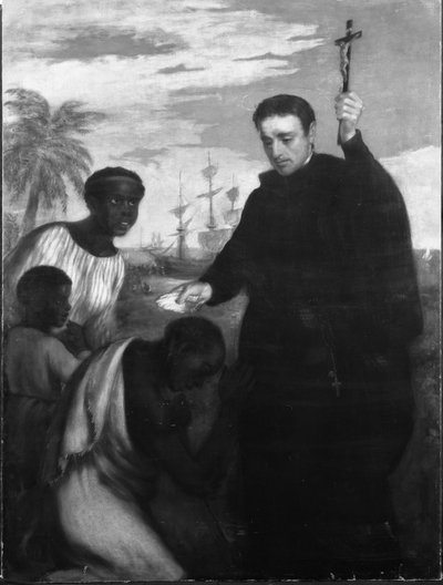 Un missionnaire jésuite, peut-être Manuel de Nobrega ou Pierre Claver, baptisant des Noirs - Spanish School