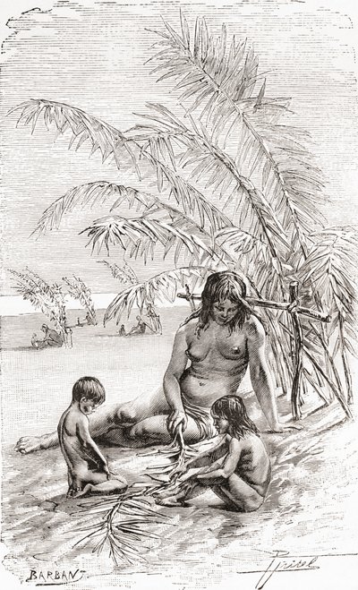 Une famille de natifs Sápara sur un banc de sable au bord de la rivière Napo, Équateur - Spanish School