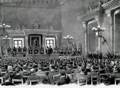 Une réunion de nationalistes catalans réunis à la mairie de Manresa, pour la rédaction des 16 bases servant à la constitution régionale catalane en 1892. Dessin de Jaume Pahissa - Spanish School