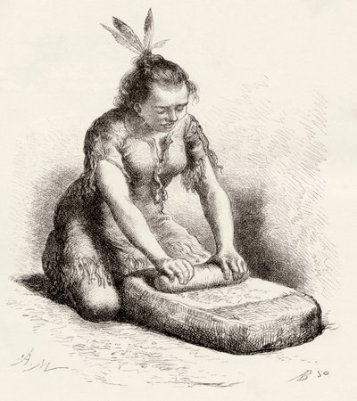 Une femme indigène de Guyane écrasant du grain - Spanish School