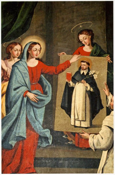 Un saint présentant un portrait de Saint Dominique à la Vierge Marie - Spanish School