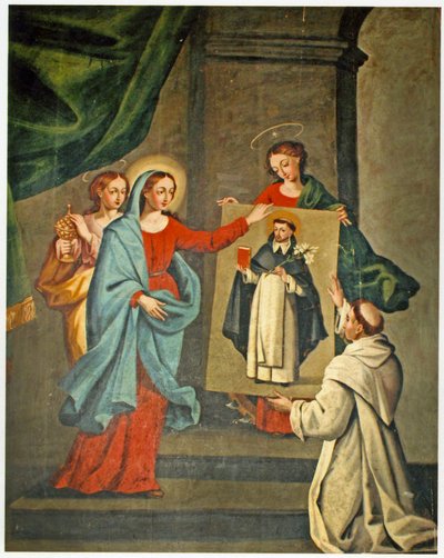 Un saint présentant un portrait de Saint Dominique à la Vierge Marie - Spanish School