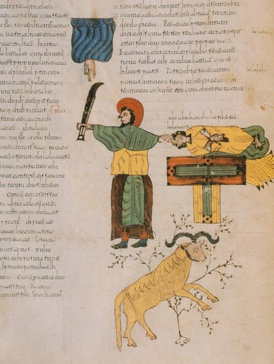 Abraham sur le point de sacrifier son fils, Isaac, de la Bible wisigothique-mozarabe de Saint Isidore, A.D. 960 - Spanish School