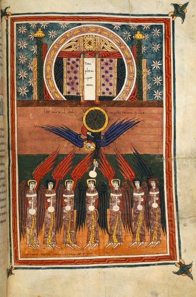 Les sept anges de la peste portant des fioles sortent du sanctuaire. De l