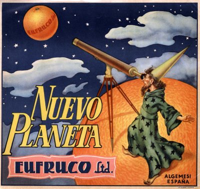 Publicité avec un magicien observant la nouvelle planète Orange. Affiche publicitaire, Valence - Spanish School