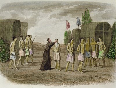 Un esclave indigène de la tribu Tupinamba est baptisé par un prêtre jésuite, près de Bahia en 1550 - Spanish School