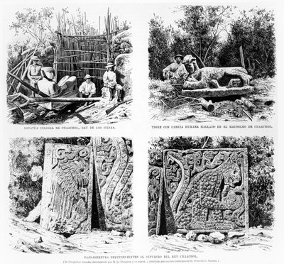 Artefacts découverts à Chichen Itza par Augustus Le Plongeon, illustration de La Illustracion Espanola y Americana 1877 - Spanish School