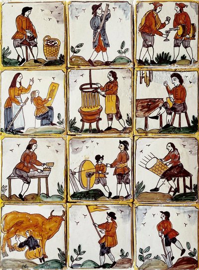 Métiers artisanaux : cordonnier, tonnelier, fabricant de paniers en osier, vigneron, dessinateur, musicien, traite des vaches, rémouleur, fermier, ébéniste. Carreaux de céramique catalane (Espagne) - Spanish School