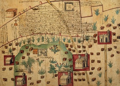 Carte des terres dans les régions de Tultepec et Jaltocan adjacentes à la Hacienda de Santa Ines, Mexique, publiée en 1569 - Spanish School