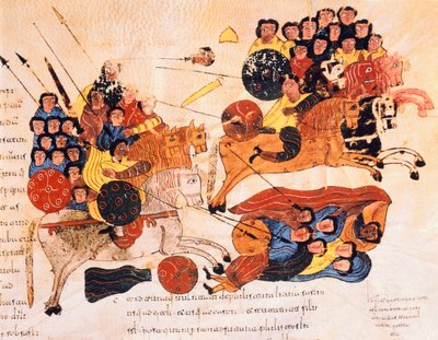 Bataille entre les Hébreux et les Philistins, de la Bible wisigothique-mozarabe de Saint Isidore, fol.119r., A.D. 960 - Spanish School