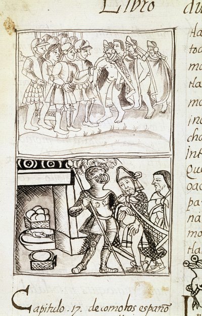 Codex de la conquête du Mexique - miniature du manuscrit florentin "Histoire des Aztèques" par Bernardino de Sahagun - Spanish School