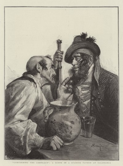 "Confirmation du contrat", une scène dans une taverne espagnole à Salamanque (gravure) - Spanish School