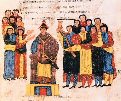 David est proclamé roi devant le peuple de Juda, de la Bible wisigothique-mozarabe de Saint Isidore, fol.125r., A.D. 960 - Spanish School