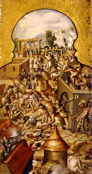 Représentation des atrocités commises lors des combats pour la conquête du Temple Mayor et de la place Zócalo - Spanish School