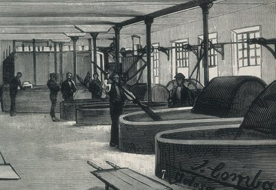 Économie (19ème siècle). Usine de papier en Espagne La Guipuzcoana. Salle des cylindres et blanchisseuse de l
