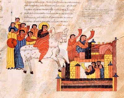 Entrée du roi David à Jérusalem au son des trompettes, de la Bible wisigothique-mozarabe de Saint Isidore, fol.135r., A.D. 960 - Spanish School