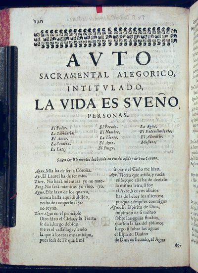 Première page de La Vida es Sueño de Los Autos Sacramentales par Pedro Calderon de la Barca, édité par Juan Garcia Infanzon, 1690 - Spanish School