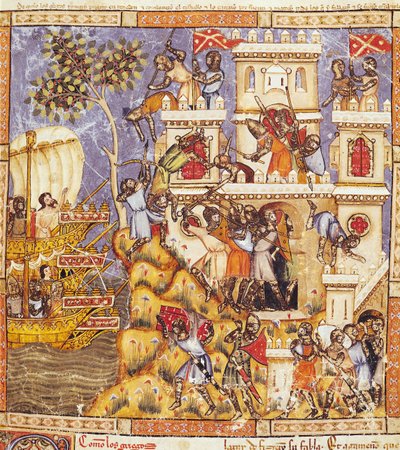 Fol.30r Le Débarquement des Grecs, le Siège du Château de Ténédos et la Mort des Défenseurs, du Codex Benito Santa Mora - Spanish School