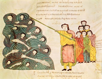 Fol.39v Moïse fermant la mer Rouge sur les Égyptiens, de la Bible Mozarabe - Spanish School