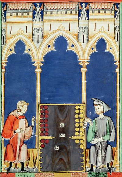 Fol.85v Deux joueurs de backgammon, du Livre des Jeux, Échecs, Dés et Plateaux, 1282 - Spanish School