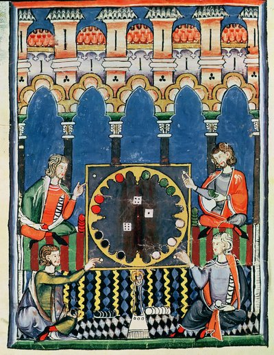 Fol.89v Quatre joueurs de backgammon arabes, du Livre des Jeux, Échecs, Dés et Plateaux, 1282 - Spanish School