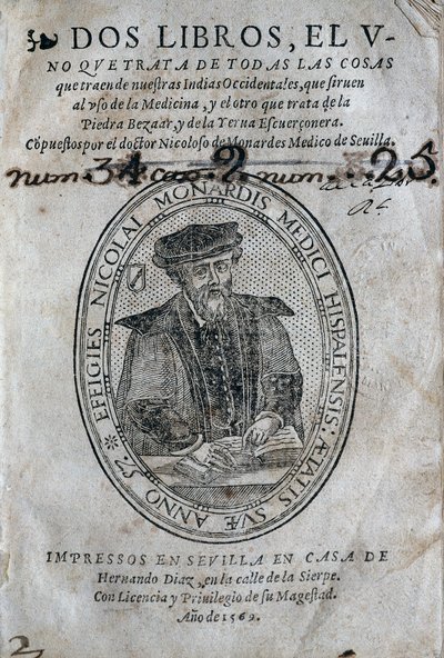 Frontispice, avec le portrait de Nicolas Monardes (1493-1588) d
