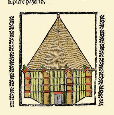 Habitat : description de la cabane des indigènes Caraïbes. Gravure du livre « Historia general de las Indias, islas y tierra firme del mar océano » par Gonzalo Fernandez de Oviedo (Gonzalo) ou Fernandez de, ou Hernandez de Oviedo y Valdes (1478-1557). - Spanish School