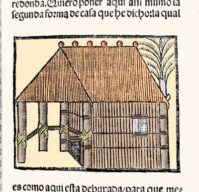 Habitat : description de la hutte des Indios. Gravure du livre « Historia general de las Indias, islas y tierra firme del mar océano » par Gonzalo Fernandez de Oviedo ou Hernandez de Oviedo y Valdes (1478-1557). - Spanish School
