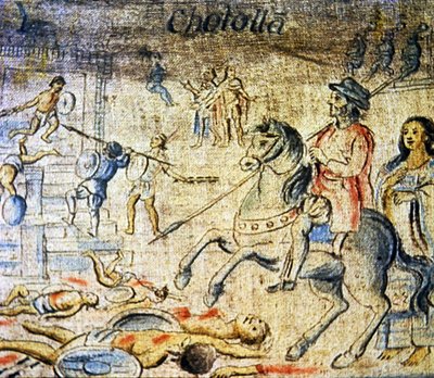 Hernan Cortes chevauche les morts après la bataille de Cholula avec Dona Marina, sa maîtresse et interprète marchant derrière - Spanish School