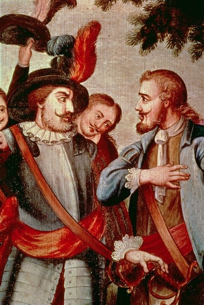 Hernando Cortes (1485-1547) et Diego di Velasquez (1465-1524) (détail) - Spanish School