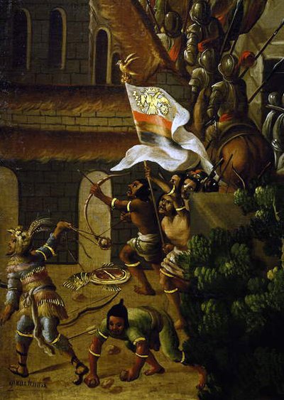 Les indigènes combattent les Espagnols avec des arcs et des flèches - Spanish School