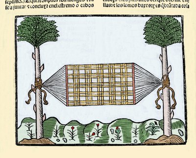Invention du hamac : cette invention a révolutionné la vie des marins à bord des navires. Ils dormaient auparavant sur le pont mouillé. Gravure du livre "Historia general de las Indias, islas y tierra firme del mar océano" par Gonzalo Fernandez de Oviedo - Spanish School