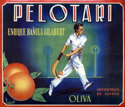 Étiquette pour oranges « Pelotari » produites par Oliva à Valence, Espagne. Illustration d