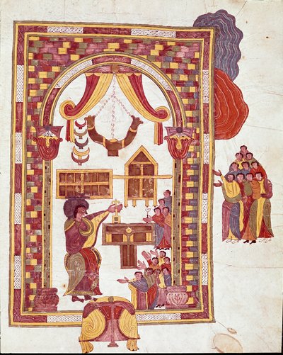 Art mozarabe : le temple de Jérusalem, Aaron est représenté comme un grand prêtre devant un autel - Spanish School